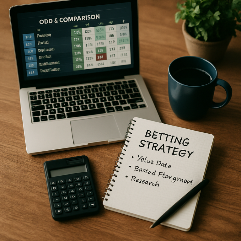 A flat lay image of a sports betting setup featuring a laptop with odds